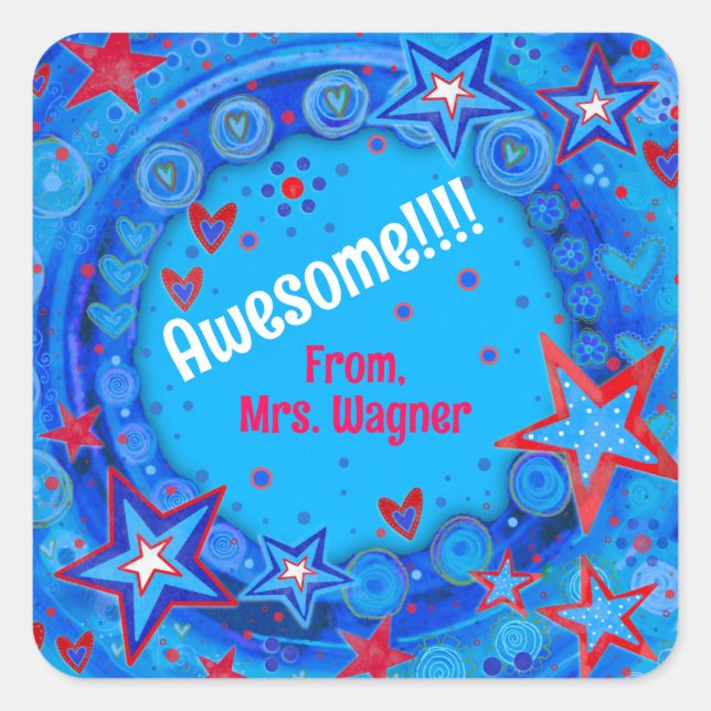 Personalisiert Blue Red Stars Motivierend Teacher Quadratischer Aufkleber (Vorderseite)