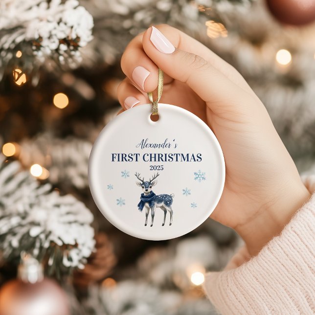 Personalisiert Blue Reindeer Baby First Christmas Keramik Ornament (Von Creator hochgeladen)