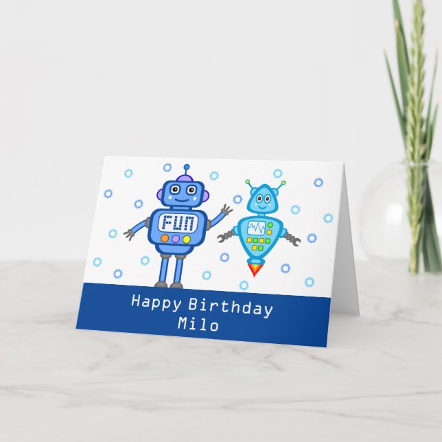 Personalisiert Blue Robots Happy Birthday Card Karte (Vorderseite)