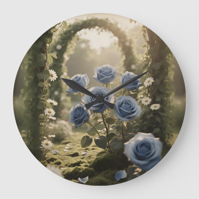 Personalisiert Blue Rose Elegante - Einzigartige R Große Wanduhr (Vorderseite)