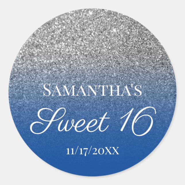 Personalisiert Blue Silver Ombre Glitzer Sweet 16 Runder Aufkleber (Vorderseite)