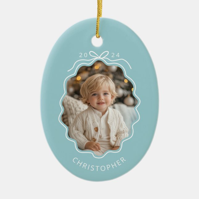Personalisiert Blue Simple Bow Wavy Foto Weihnacht Keramik Ornament (Vorne)