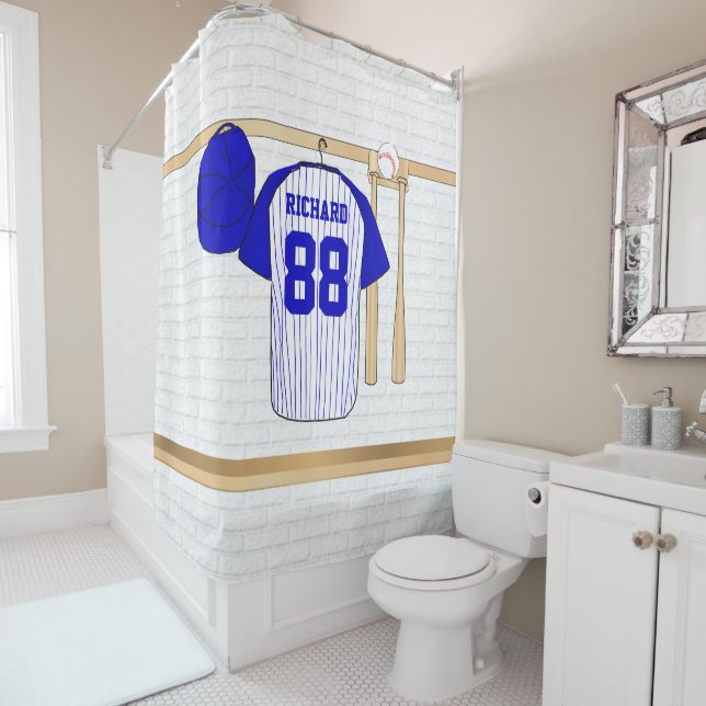 Personalisiert Blue und White Baseball Jersey Duschvorhang (Beispiel)