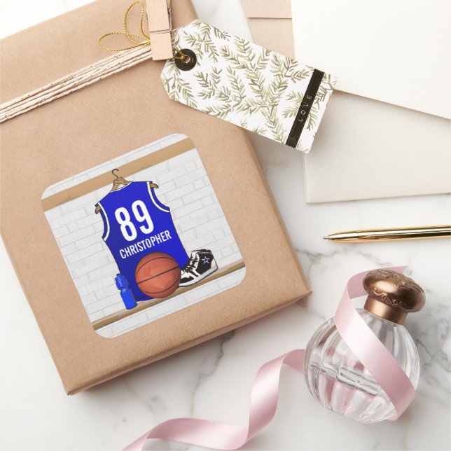 Personalisiert Blue und White Basketball Jersey Quadratischer Aufkleber (Schenken)