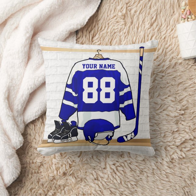 Personalisiert Blue und White Ice Hockey Jersey Kissen (Decke)