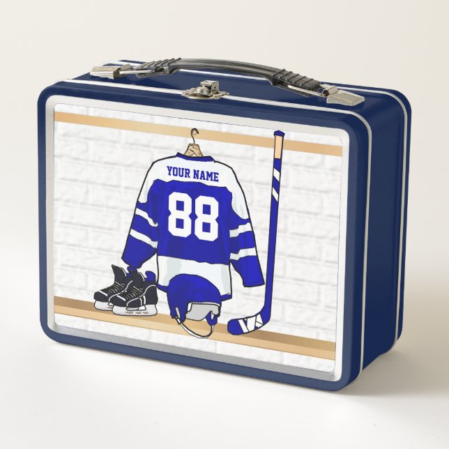 Personalisiert Blue und White Ice Hockey Jersey Metall Brotdose (Vorderseite)