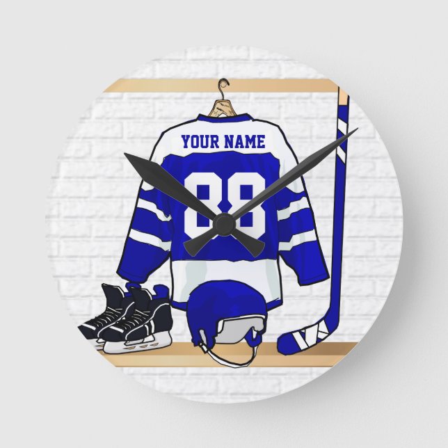 Personalisiert Blue und White Ice Hockey Jersey Runde Wanduhr (Vorderseite)