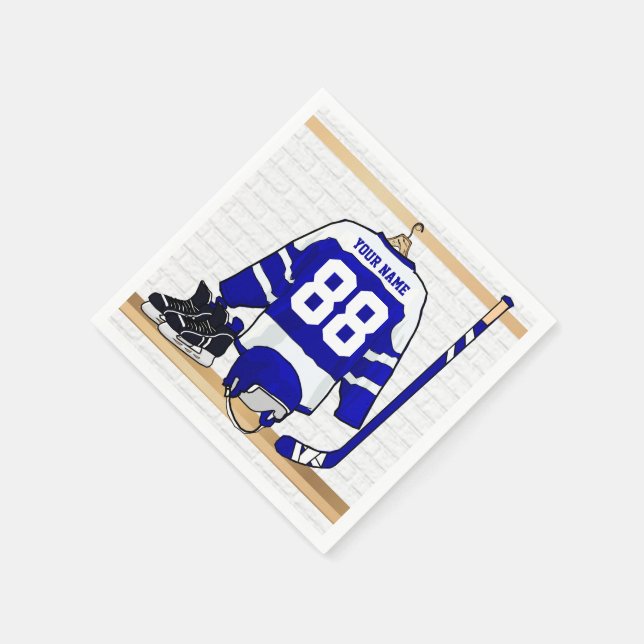 Personalisiert Blue und White Ice Hockey Jersey Serviette (Ecke)