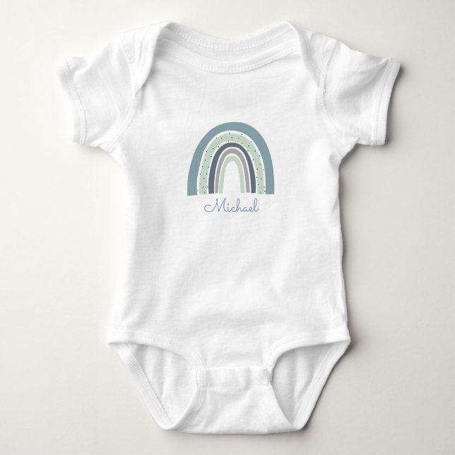 Personalisiert Blue Watercolor Rainbow Baby Boy Strampler (Vorderseite)