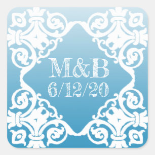 Personalisiert Blue Wedding Date & Initials Sticke Quadratischer Aufkleber