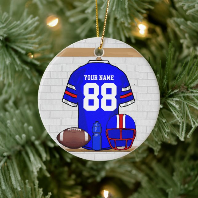 Personalisiert Blue White Football Jersey Keramikornament (Baum)