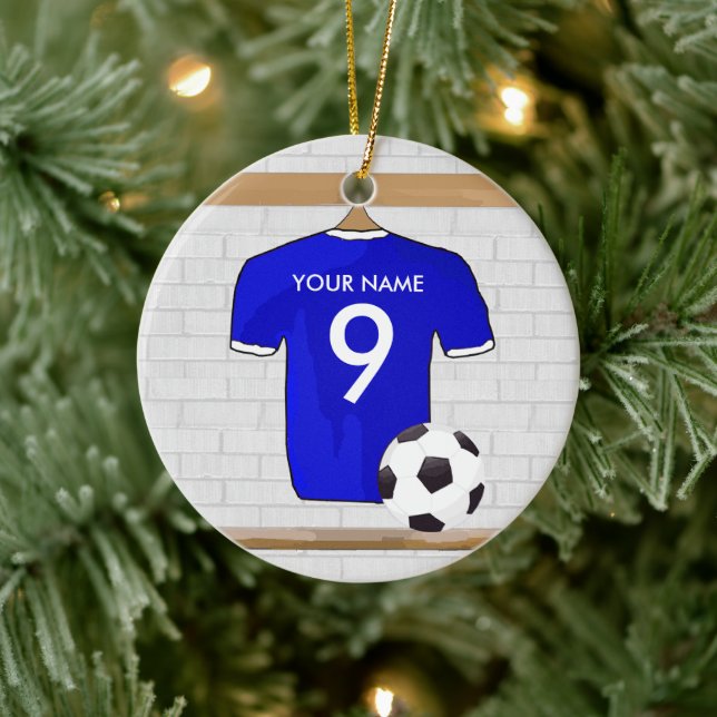 Personalisiert Blue White Football Soccer Jersey Keramikornament (Baum)