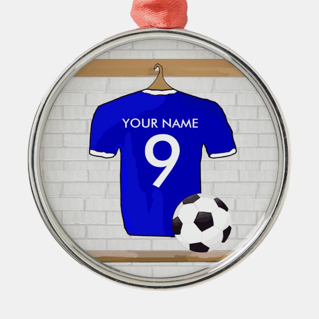 Personalisiert Blue White Football Soccer Jersey Silbernes Ornament (Vorne)