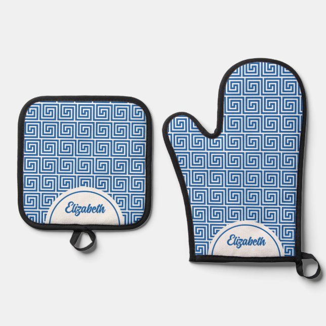 Personalisiert-Blue-White-griechischer Meander-Key Ofenhandschuh & Topflappen-Set (Vorderseite)