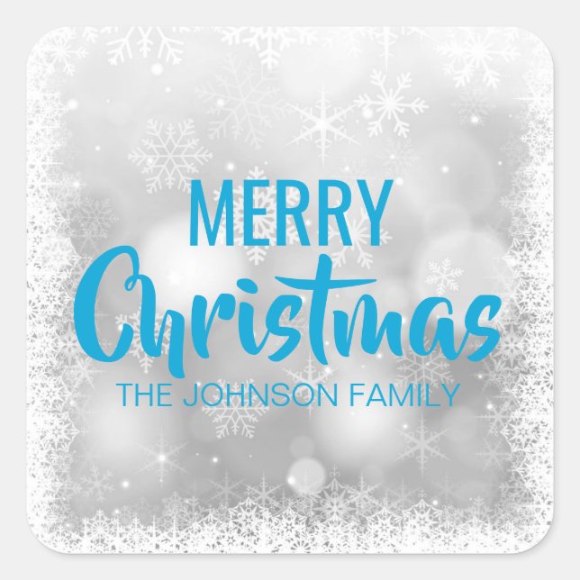 Personalisiert Blue White MERRY CHRISTMAS Schneefl Quadratischer Aufkleber (Vorderseite)
