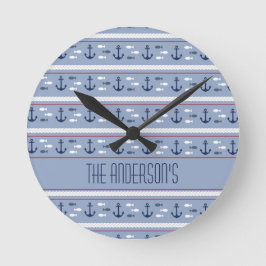 Personalisiert Blue White Nautic Anchors Runde Wanduhr