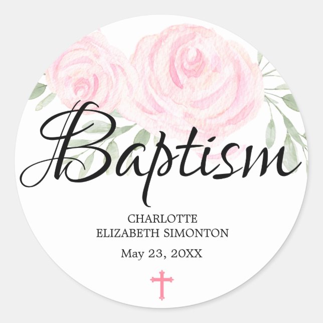 Personalisiert Blush Pink Rose und Cross Baptisse Runder Aufkleber (Vorderseite)