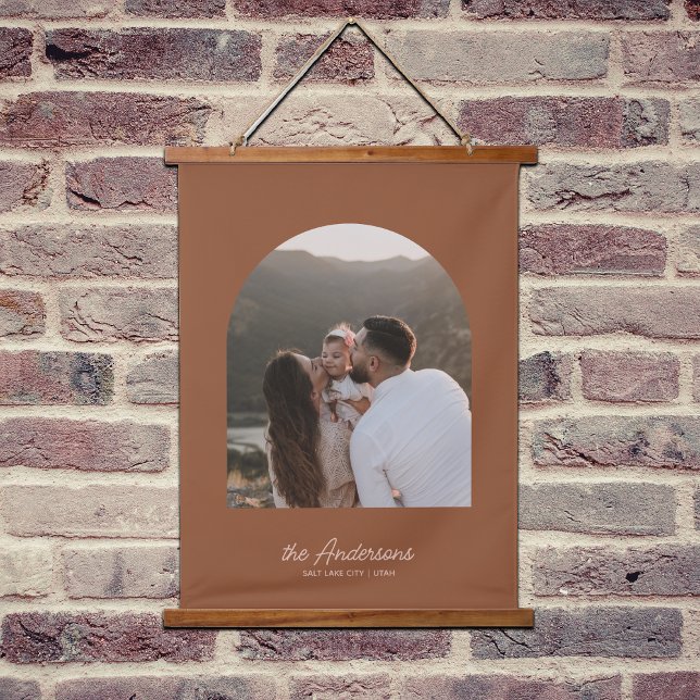 Personalisiert Boho Arch Familienname und Foto Wandteppich Mit Holzrahmen (Von Creator hochgeladen)