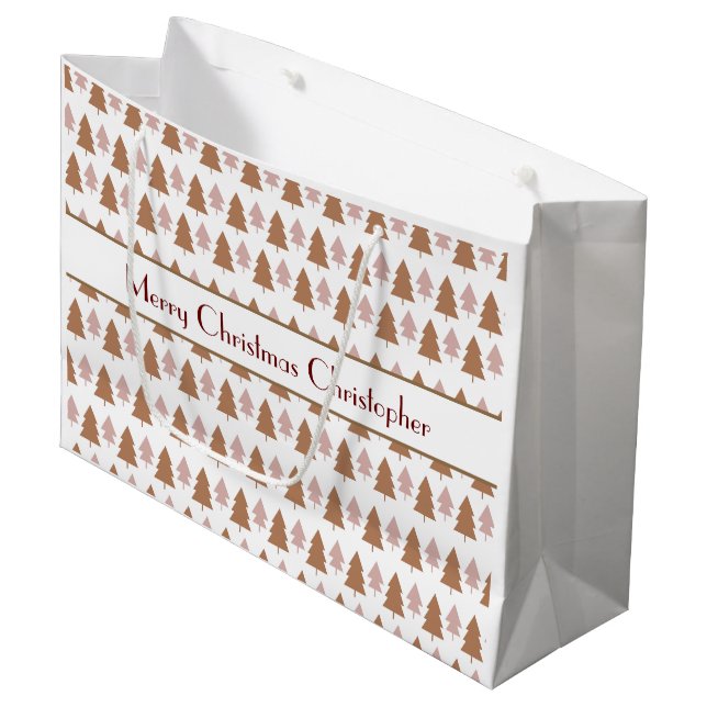 Personalisiert Boho Brown Pink Weihnachtsbaumen Große Geschenktüte (Vorderseite Schrägansicht)