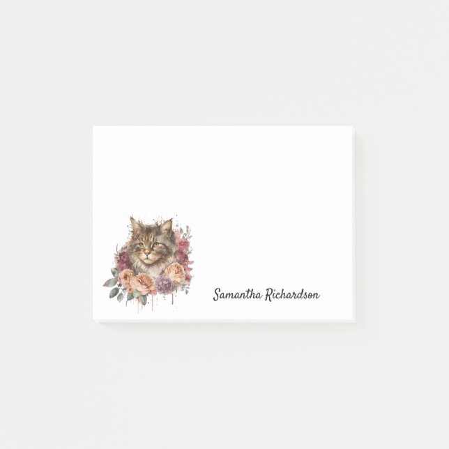 Personalisiert Boho Cat Floral Watercolor Post-it Klebezettel (Vorderseite)