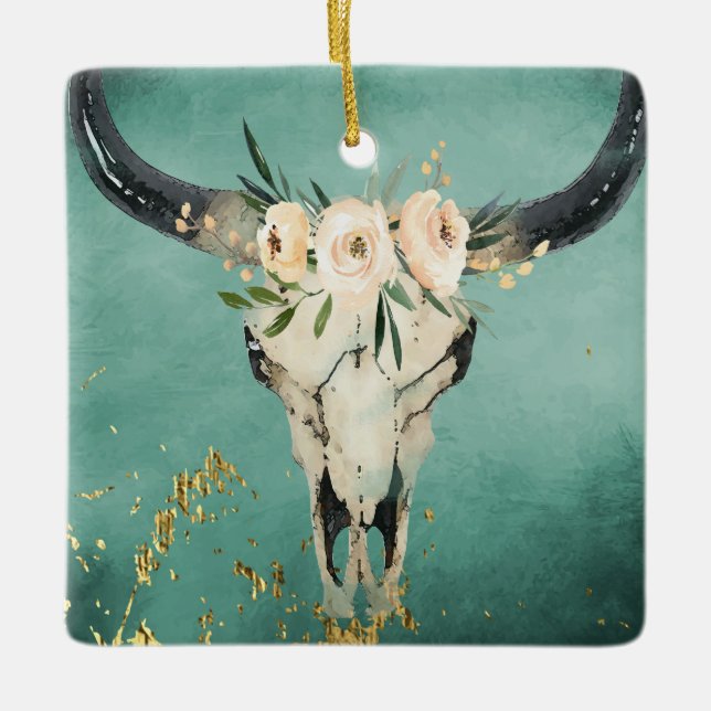Personalisiert Boho Kuhschädel, Blume auf Türkis Keramikornament (Vorderseite)