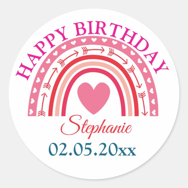 Personalisiert Boho Rainbow Birthday Runder Aufkleber (Vorderseite)