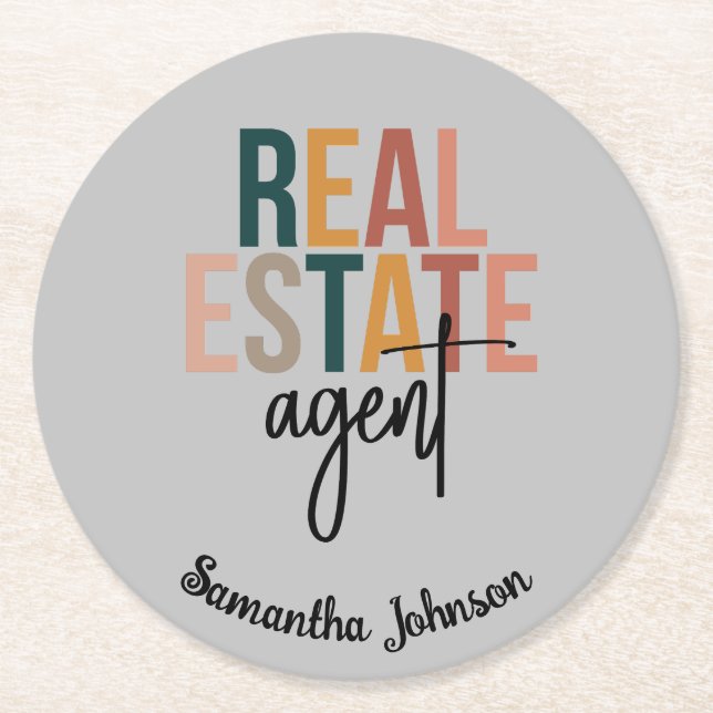 Personalisiert Boho Real Anwesen Agent Geschenk Runder Pappuntersetzer (Vorderseite)