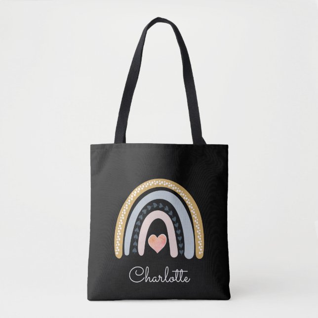 Personalisiert Boho Watercolor Rainbow Black Tasche (Vorderseite)