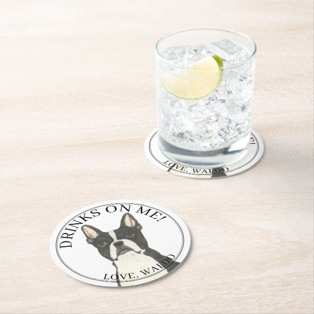 Personalisiert Boston Terrier Dog Wedding Runder Pappuntersetzer (Vor Ort)