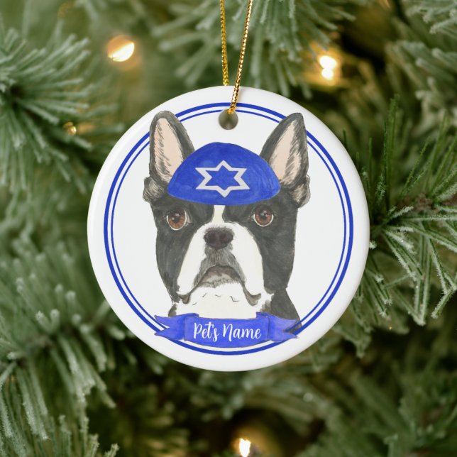 Personalisiert Boston Terrier Hanukkah Yarmulke Bl Keramik Ornament (Baum)