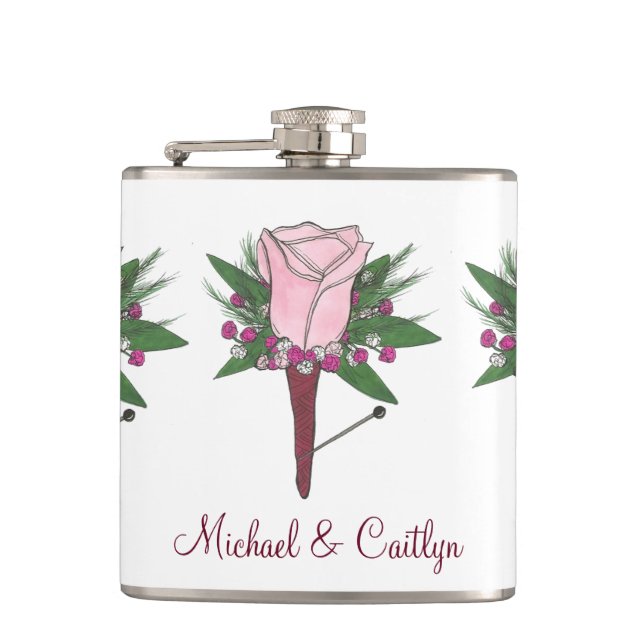 Personalisiert Boutonniere Pink Rose Wedding Groom Flachmann (Vorderseite)