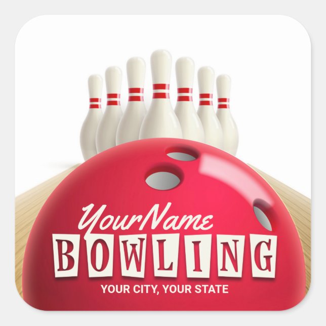 Personalisiert Bowling Ball Lanes Buttone Retro Le Quadratischer Aufkleber (Vorderseite)