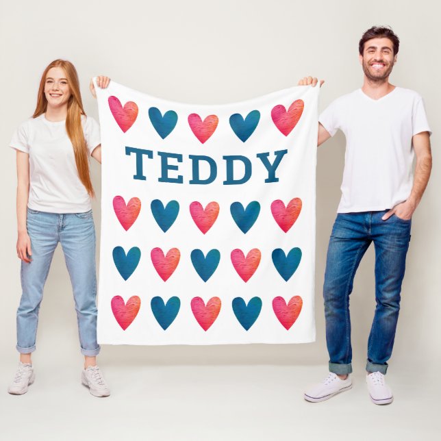 Personalisiert Boy Blue Red Hearts Valentinstag Fleecedecke (Beispiel)