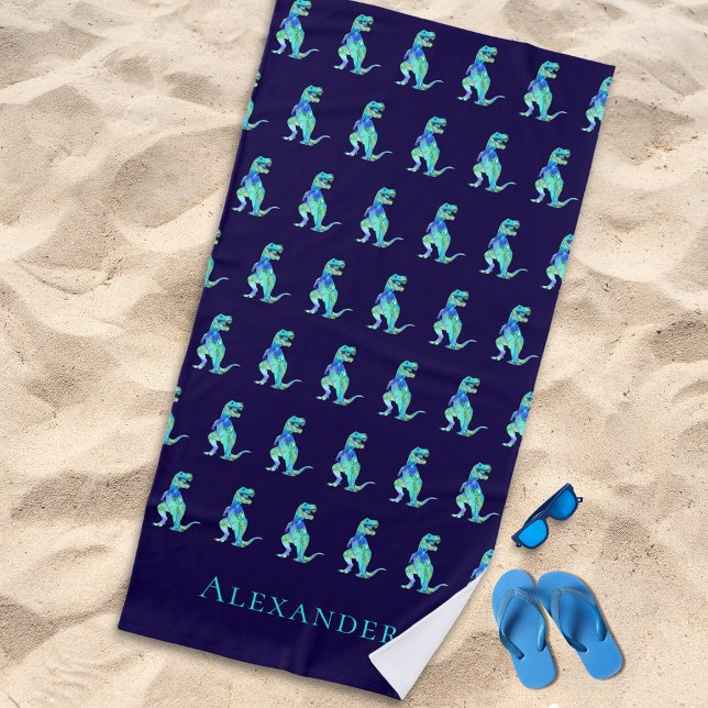 Personalisiert Boy Name Dinosaur Blue Strandtuch (Personalized boy name dinosaur blue green beach towel Jurassic T-Rex dino kids monogram name gift)