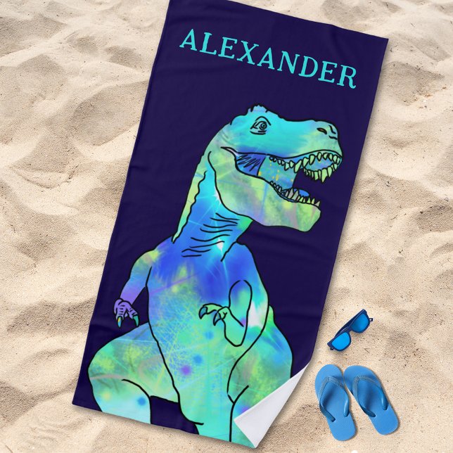 Personalisiert Boy Name Dinosaur Blue Strandtuch (Personalized boy name dinosaur blue green beach towel psychedelic funky T-Rex dino kids monogram )