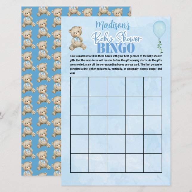 Personalisiert Boys Bear Bingo Baby Showspiel (Vorne/Hinten)