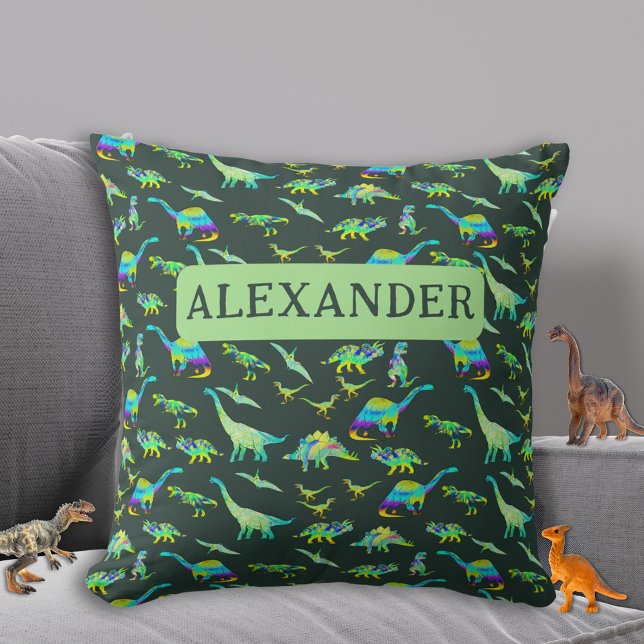 Personalisiert Boys Dinosaurier Green Kissen (Dinosaur pattern personalized boys name dark green and teal Pillow custom dino home decor)
