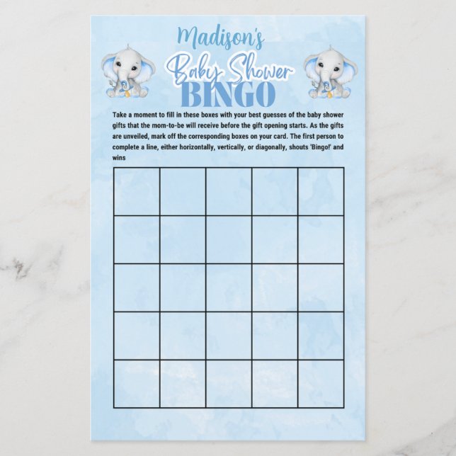 Personalisiert Boys Elephant Bingo Baby Showspiel (Vorderseite)