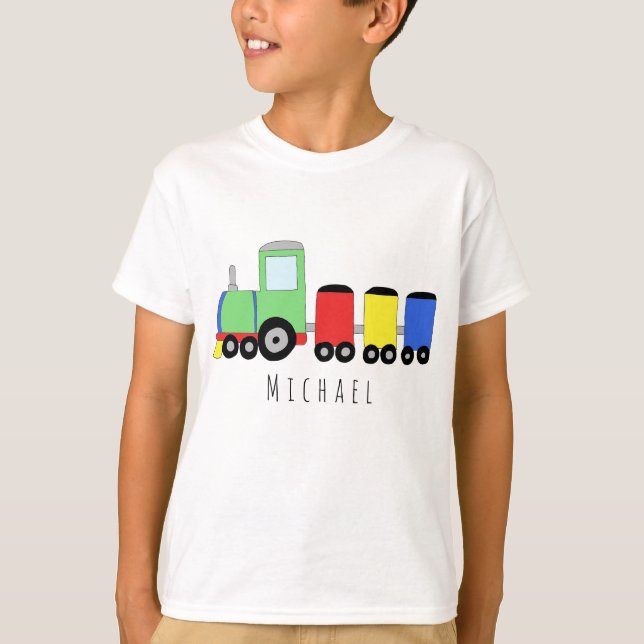 Personalisiert Boy's farbenfrohe Lokomotivenbezeic T-Shirt (Vorderseite)