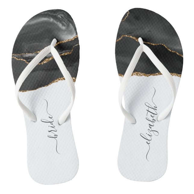 Personalisiert Bride Black Gold Agate Wedding Flip Flops (Fußbett)
