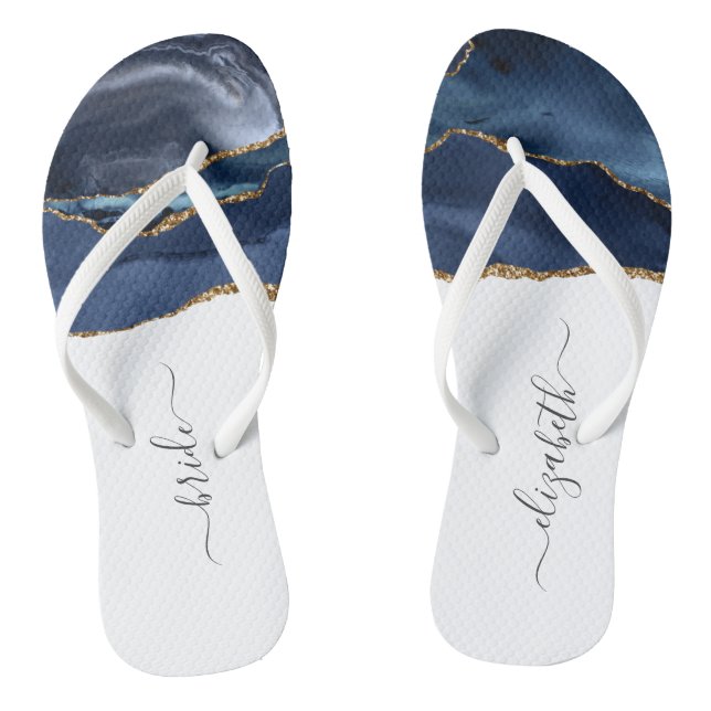 Personalisiert Bride Blue Gold Agate Wedding Flip Flops (Fußbett)