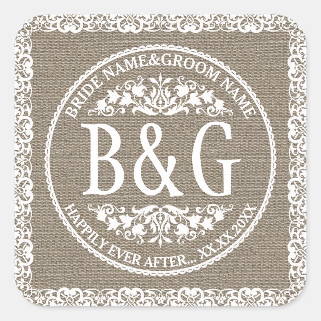 Personalisiert Bride&Groom Burlap&Lace Quadratischer Aufkleber (Vorderseite)