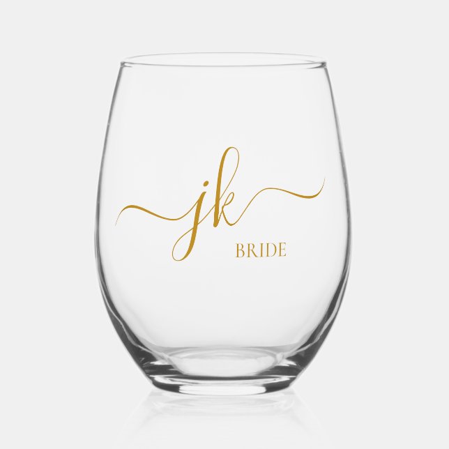 Personalisiert-Bridenname Gold-Script-Monogramm Weinglas Ohne Stiel (Vorderseite)