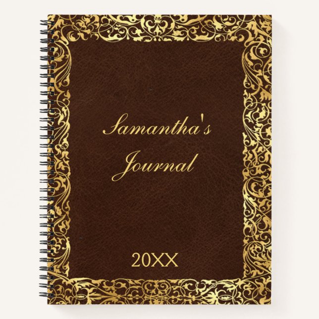 Personalisiert Brown Gold Blüh Swirl Verziert Notizbuch (Vorderseite)