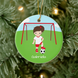 Personalisiert Brown Hair Soccer Girl Weihnachten Keramik Ornament
