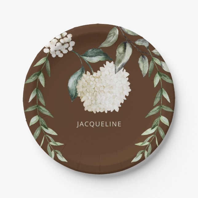Personalisiert-Brown-White-Hydrangeas-Brautparty Pappteller (Vorderseite)