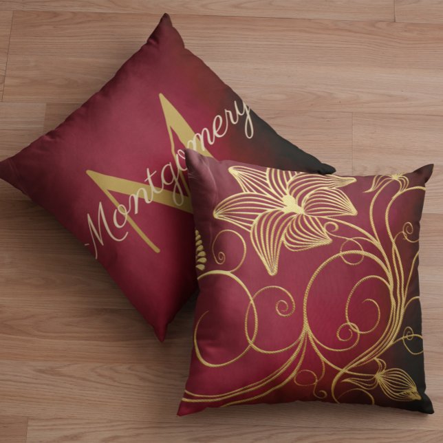 Personalisiert Burgund Gradient Gold Floral Initia Kissen (Von Creator hochgeladen)
