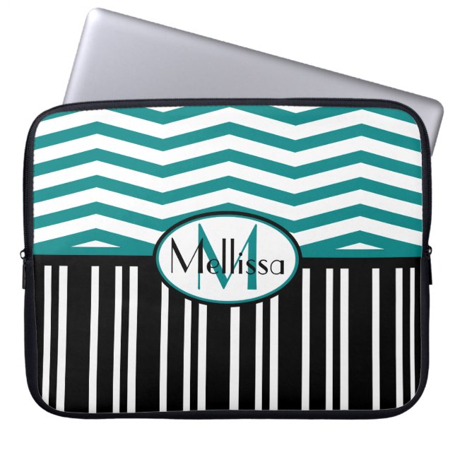 Personalisiert Chic aquamarine und schwarze Zickza Laptopschutzhülle (Vorderseite)