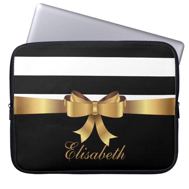 Personalisiert Chic Black Bold Stripes Gold BOW Laptopschutzhülle (Vorderseite)