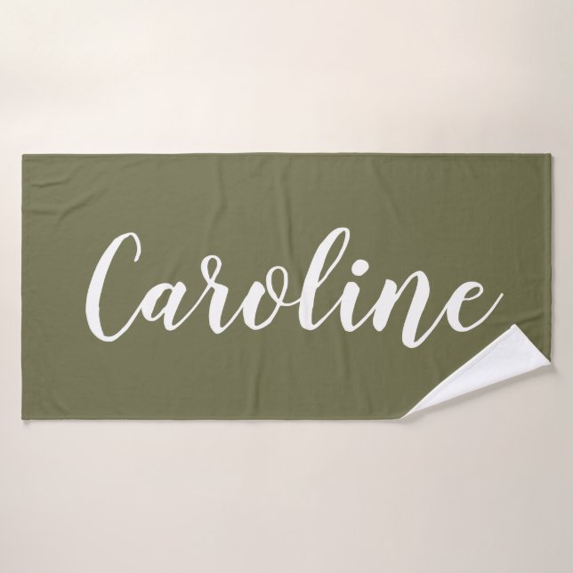 Personalisiert Chic Calligrafy Name Olive Green Badhandtuch Set (Badehandtuch)
